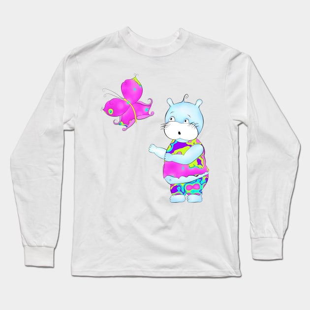 Cute hippie hippo looking at butterfly Long Sleeve T-Shirt by stefy